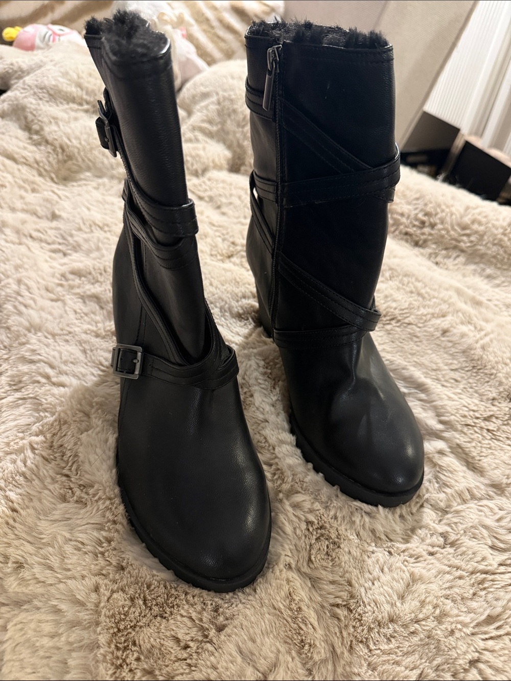 Black Faux Leather Mid-Calf Heeled Boots with Fur Trim